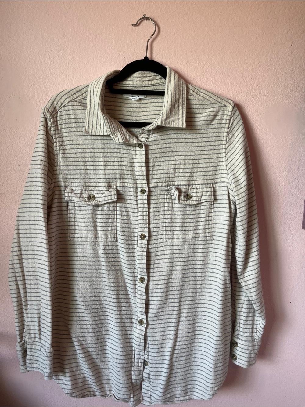 Striped Button-Front Women’s Shacket Shirt - Cream/Grey